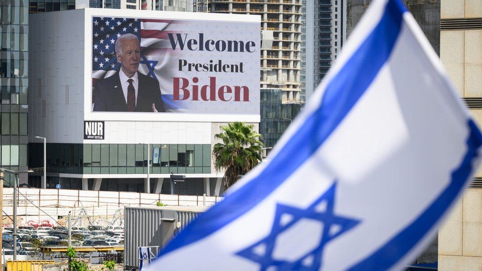 A digital billboard welcomes US President Joe Biden to Israel on October 18, 2023 in Tel Aviv, Israel. President Biden will meet with Prime Minister Benjamin Netanyahu, as well with President Isaac Herzog, and with the families of the hostages taken by Hamas