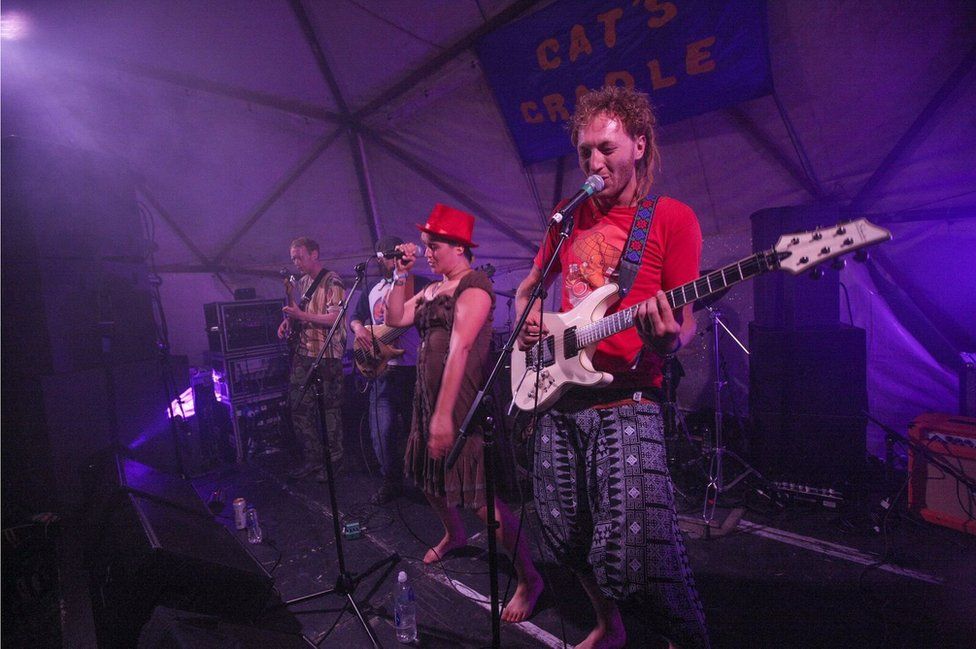 The Hat Club bring their "electric, eclectic, dubbed-up, ska-funked, gypsy-jazzed mash-up" to the Cat's Cradle stage on the opening night of the Sunrise Celebration festival, which ended in the early hours of Monday morning.