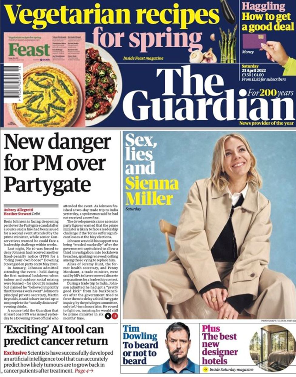 Первая страница The Guardian 23 апреля 2022 г.
