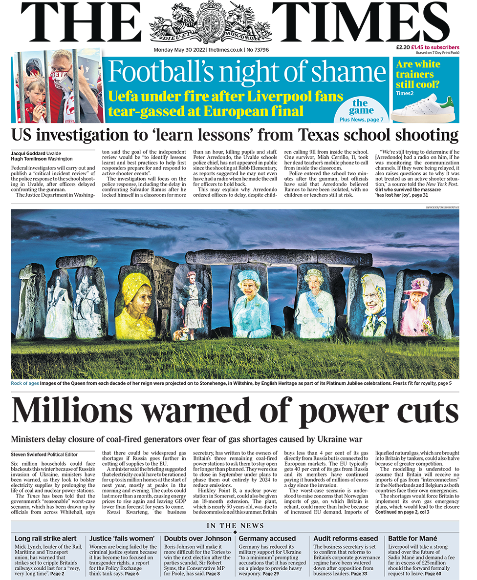 The headline in The Times reads 'Millions warned of power cuts'