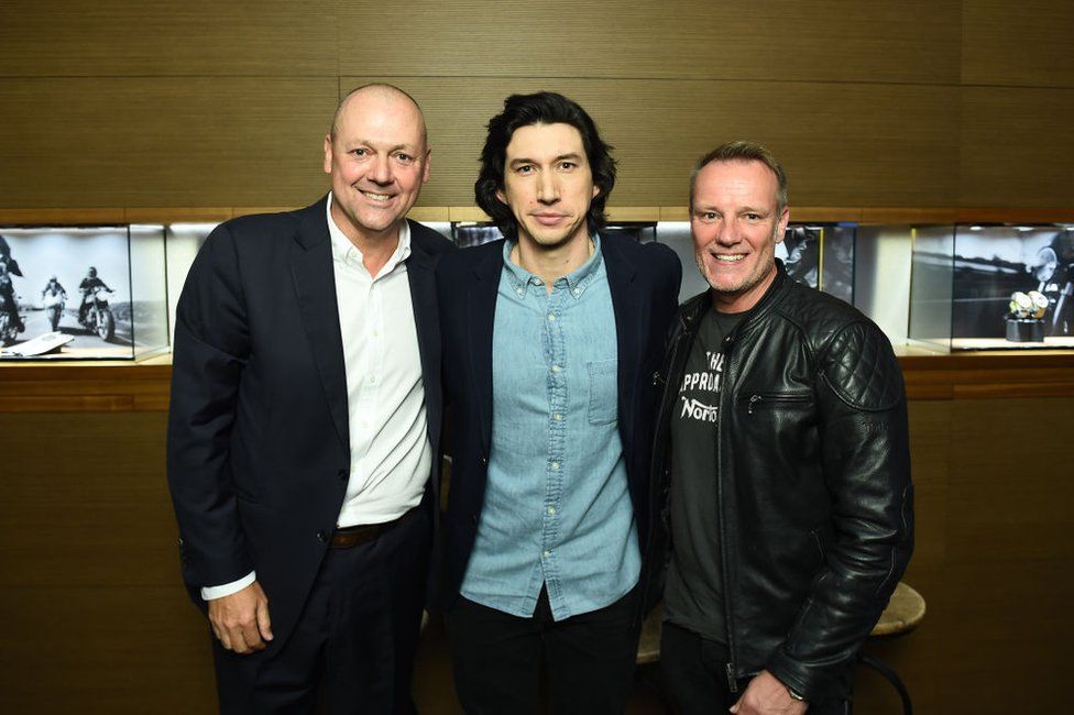 Stuart Garner with actor Adam Driver and the president of watch maker Breitling USA, Thierry Prissert, in June 2019