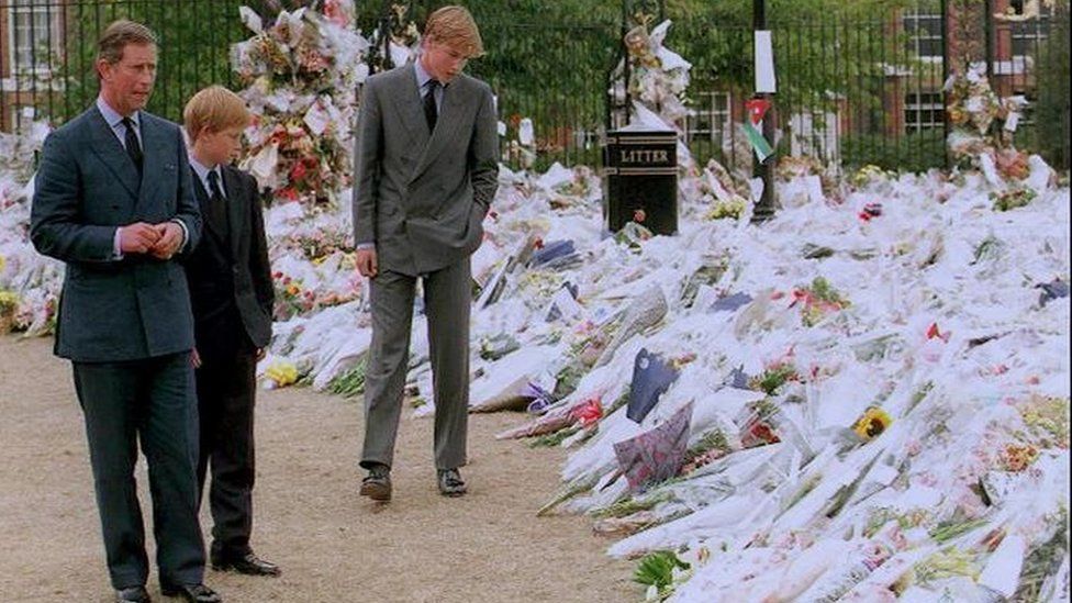 Prince Charles, Prince William and Harry At Kensington Palace looking at floral tributes