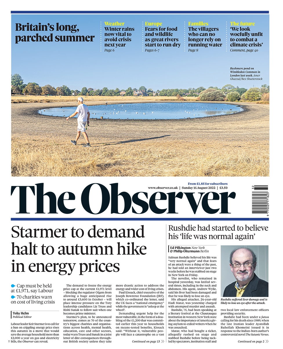 The headline in the Observer reads: "Starmer to demand halt to autumn hike in energy prices"