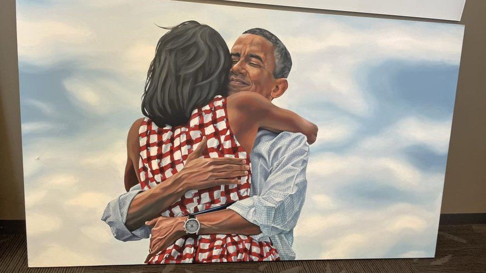 An oil painting by Debbie Fass commemorates a tweet by former US President Barack Obama.