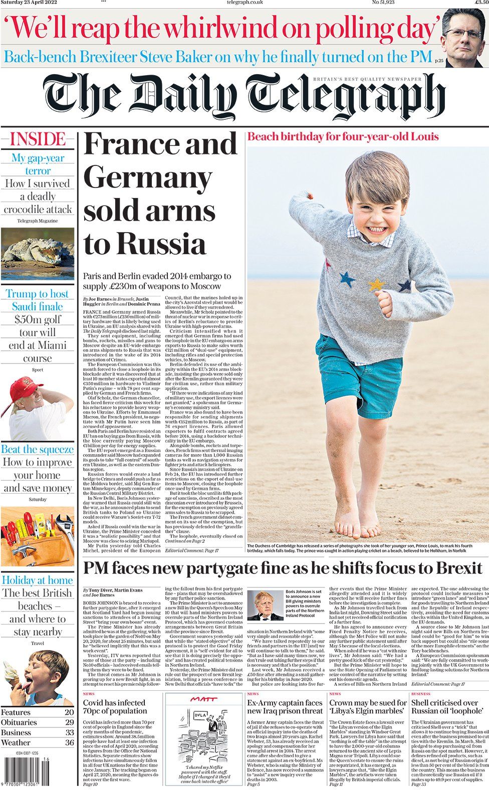 Первая страница The Daily Telegraph 23 апреля 2022 г.