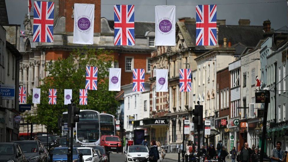 Union and Platinum Jubilee flags in Colchester, May 2022
