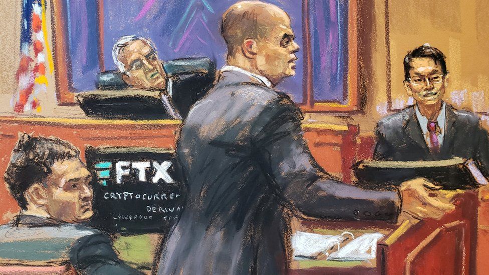  Sam Bankman-Fried listens as Assistant U.S. Attorney Nicolas Roos questions Gary Wang during Bankman-Fried's fraud trial over the collapse of FTX, the bankrupt cryptocurrency exchange, at Federal Court in New York City, U.S.,