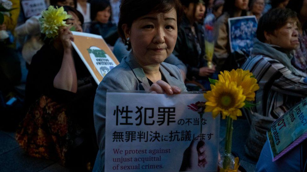 Protesters gather at the rally in 2019 to criticize recent acquittals in court cases of alleged rape in Japan