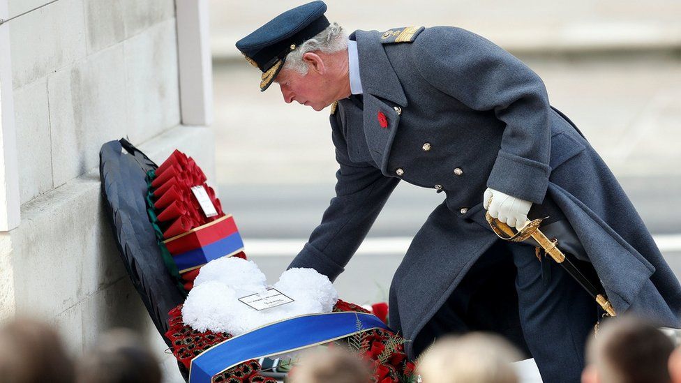 Charles lays a wreath at the cenotaph when he was Prince of Wales
