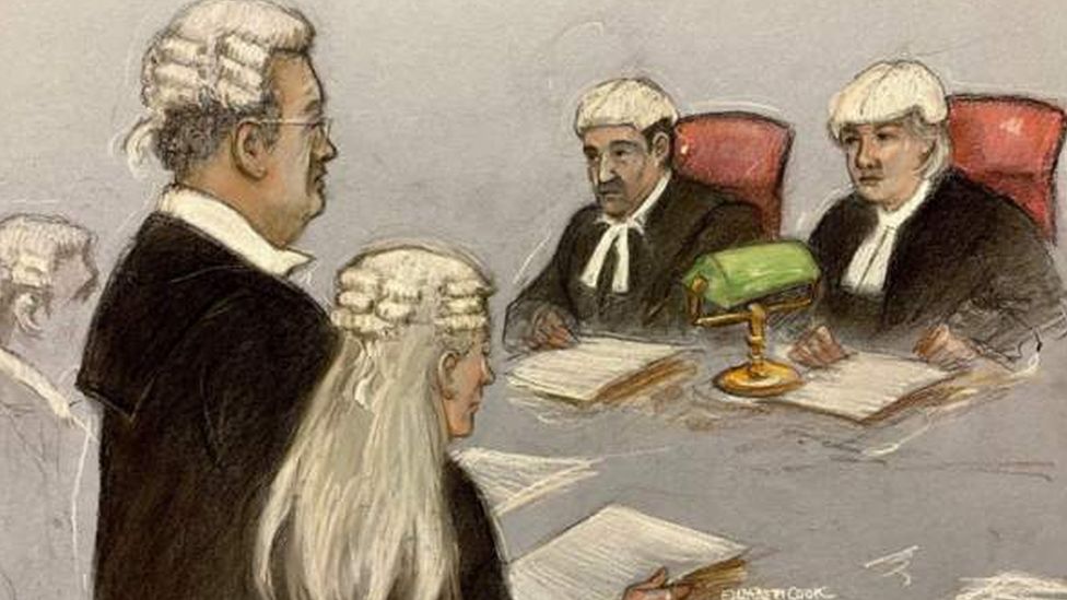 A court sketch shows lawyers for Julian Assange addressing High Court judges Dame Victoria Sharp and Mr Justice Johnson