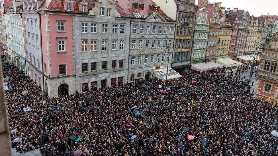 Protesters gather at the Wroclaw"s Square during the nationwide women strike in Wroclaw, Poland, 03 October, 2016