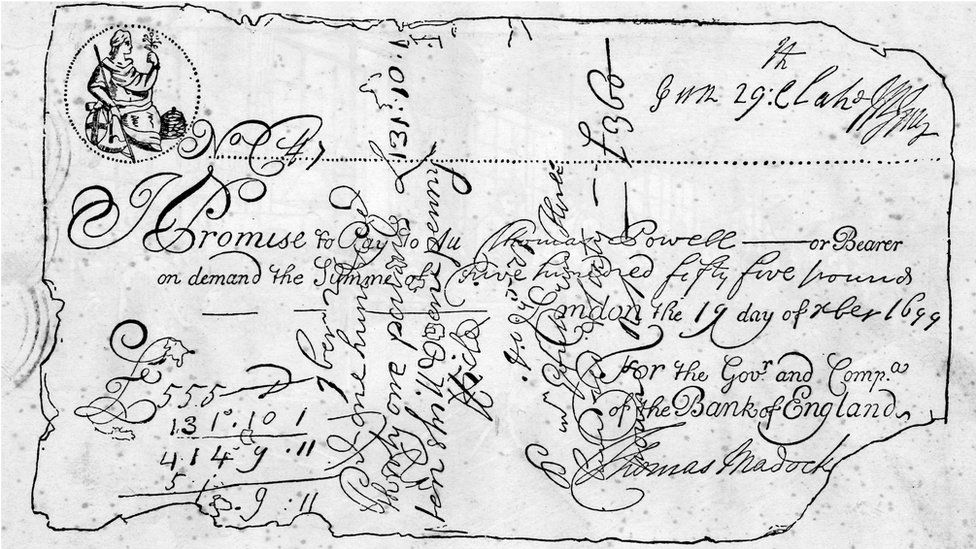 The oldest known bank note, issued by the Bank of England in 1699