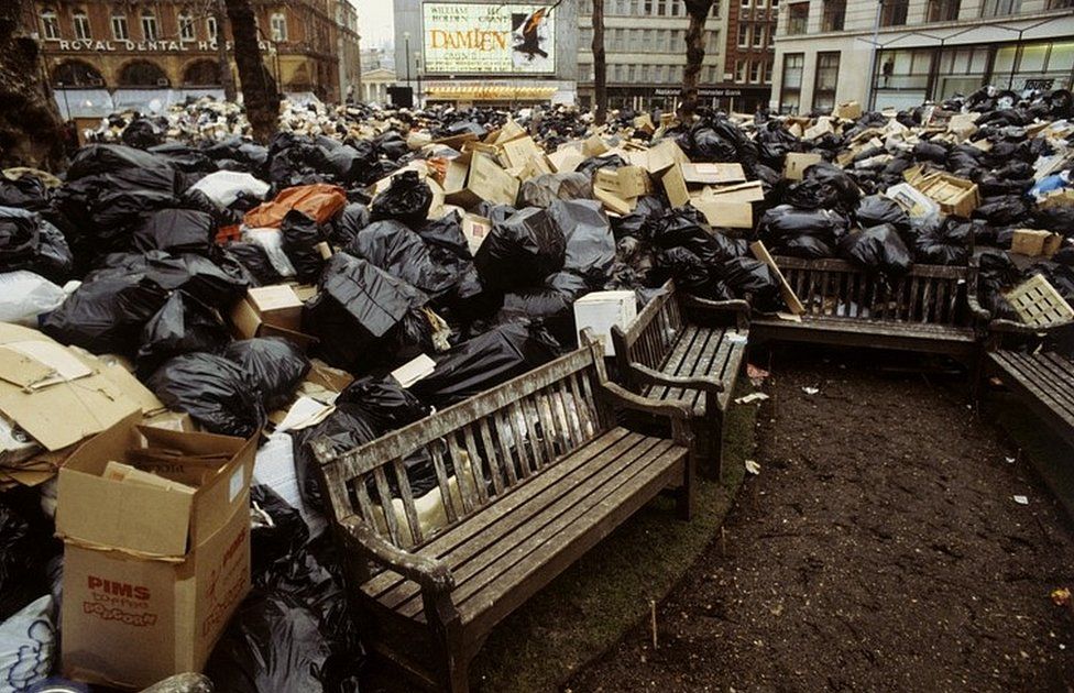 Rubbish piled up in Leicester Square in 1979