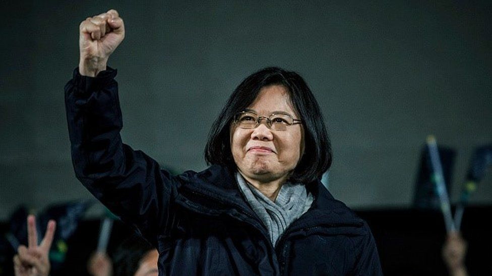 Democratic Progressive Party (DPP) presidential candidate Tsai Ing-wen waves to supporters during rally campaign ahead of the Taiwanese presidential election on January 14, 2016 in Taoyuan, Taiwan