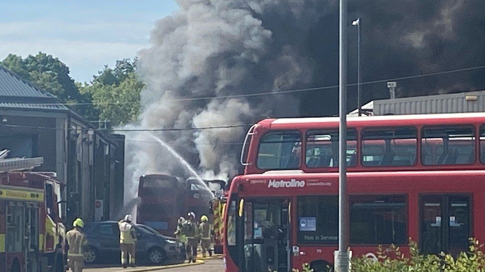 Buses on fire at a Potters Bar bus garage