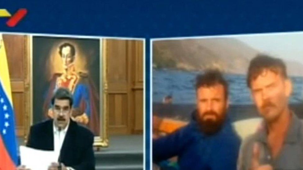 Venezuela's state TV shows President Nicolás Maduro (left) during a briefing, and what the authorities say are detained US citizens Luke Denman and Airan Berry