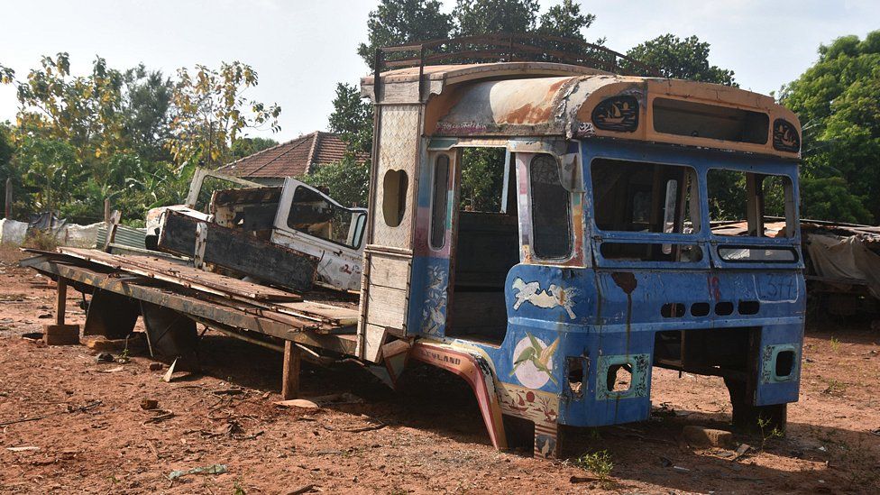 A burned-out bus near Gauri's village