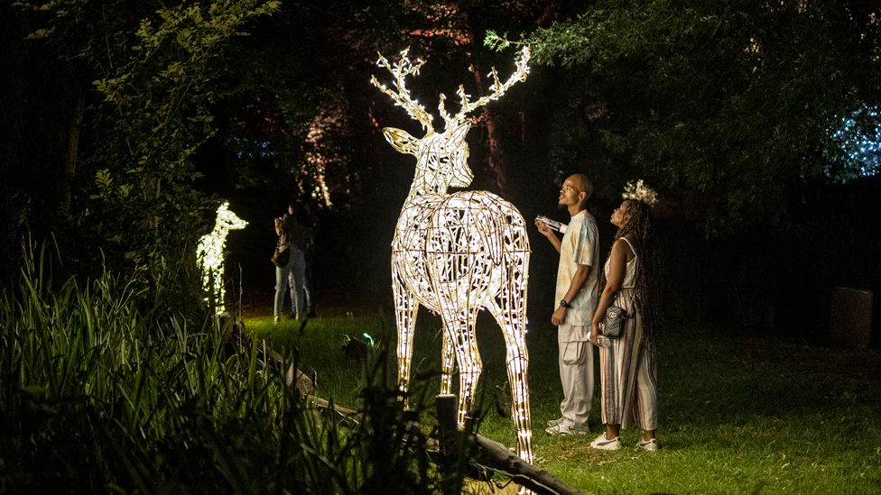 Visitors look at the Christmas lights at the annual Festival of Lights at Joburg Zoo, Johannesburg, South Africa - Friday 8 December 2023