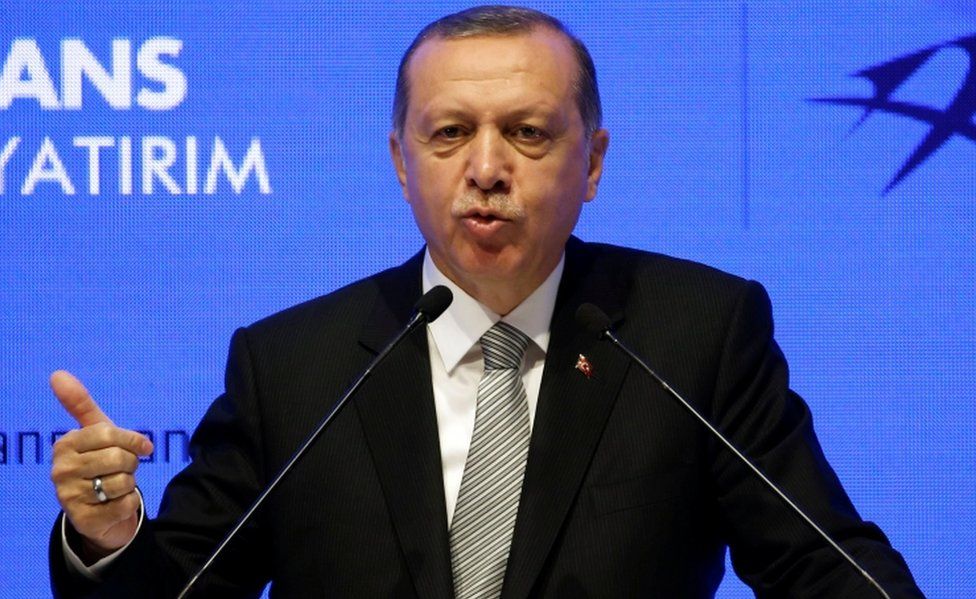 Turkish President Tayyip Erdogan speaks during a ceremony in Istanbul, Turkey, on 21 July, 2017.
