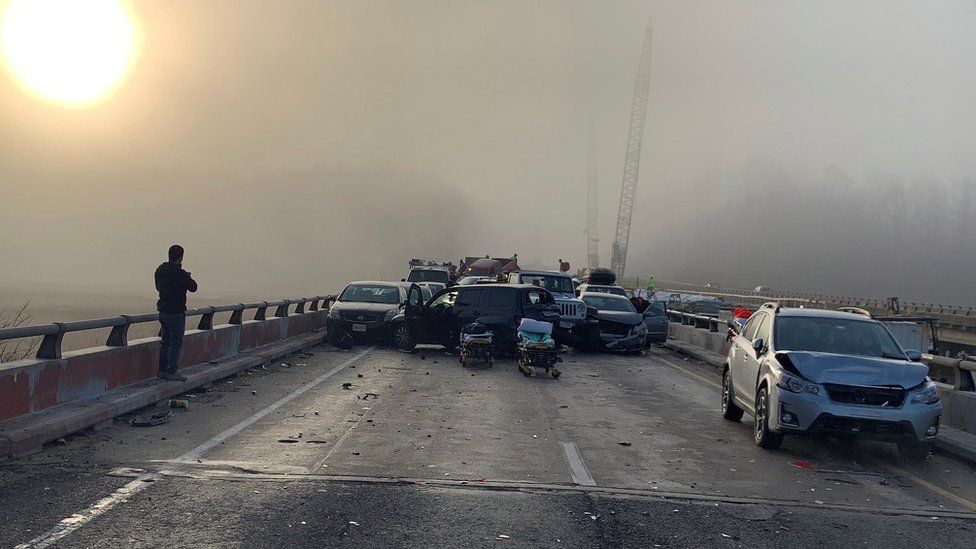 Damaged vehicles are seen after a crash on I-64 in York County, Virginia, December 22, 2019