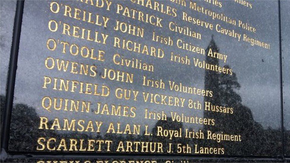 The memorial lists the names of Irish rebels, British soldiers and civilians side by side