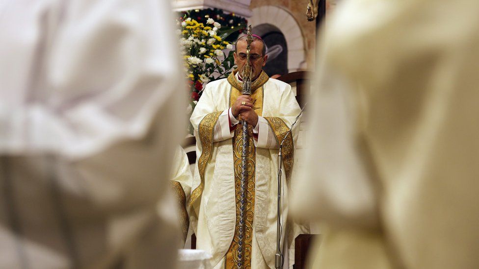 Christmas midnight mass in the Church of the Nativity, in Bethlehem in the West Bank, 25 December 2019