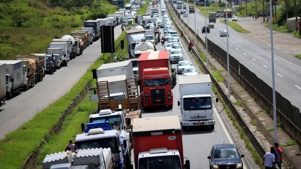 Lorries block the BR-324 highway during a protest against high diesel prices in Simoes Filho near Salvador, Brazil May 23, 2018.