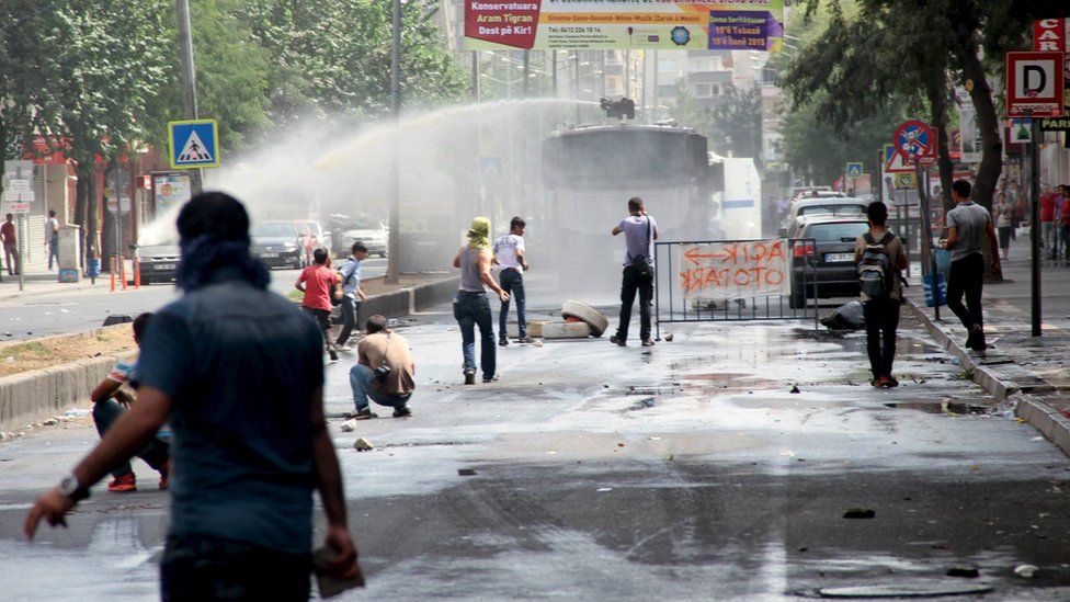 Riot police use water cannon to disperse protesters in Kurdish dominated south-eastern city of Diyarbakir. 13 September 2015