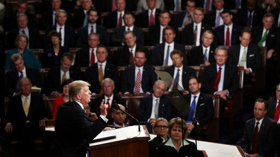 US President Donald Trump addresses a joint session of the U.S. Congress on 28 February 2017 in the House chamber of the U.S. Capitol in Washington, DC.