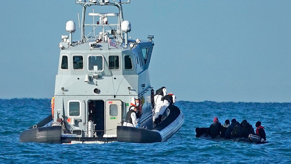 UK Border Force Patrol cutter 'Hunter' rescues nine migrants in a dinghy, with a failed engine, as they drift in the English Channel on September 06, 2020 in Dover, England.