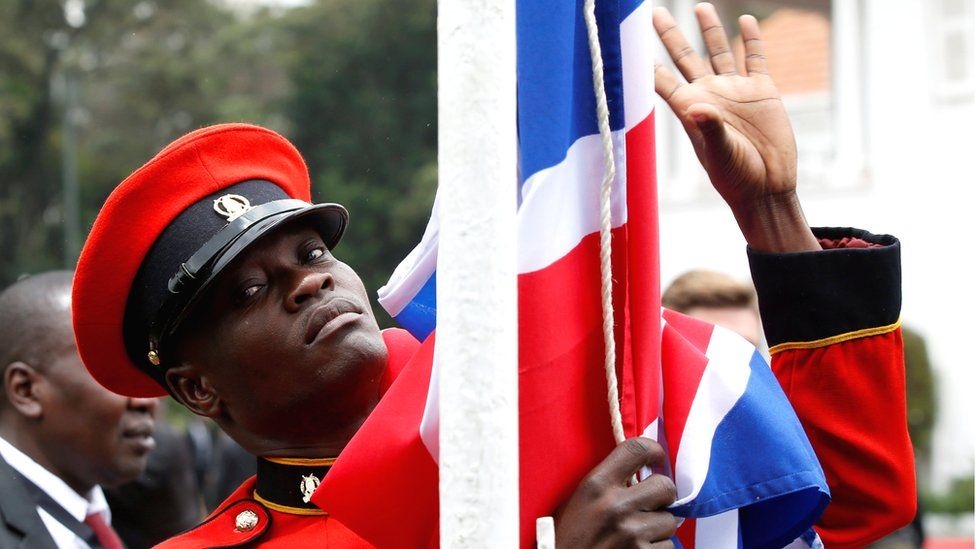 A soldier lowers the Union Jack at State House in Nairobi, Kenya - Thursday 30 August 2018