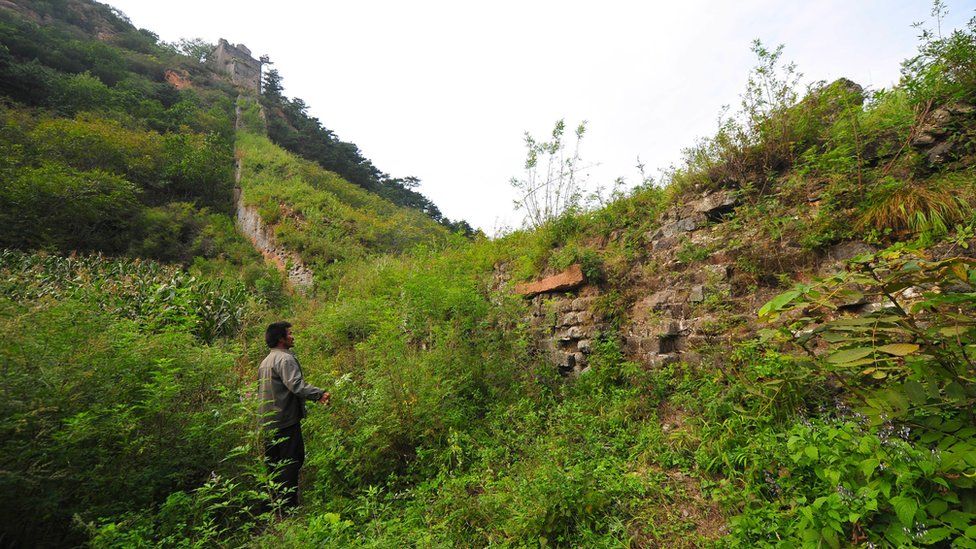 Житель деревни смотрит на старую кирпичную кладку Великой стены