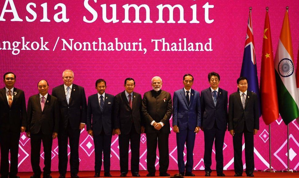 (From L to R) Thailand's Prime Minister Prayut Chan-O-Cha, Vietnam's Prime Minister Nguyen Xuan Phuc, Australia's Prime Minister Scott Morrison, Brunei's Sultan Hassanal Bolkiah, Cambodia's Prime Minister Hun Sen, India's Prime Minister Narendra Modi, Indonesia's President Joko Widodo, Japan's Prime Minister Shinzo Abe and Laos' Prime Minister Thongloun Sisoulith pose for a group photo during the 14th East Asia Summit in Bangkok on November 4, 2019