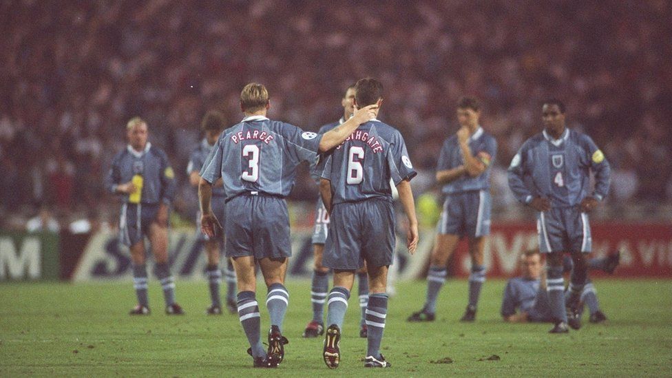 Stuart Pearce consoles Gareth Southgate in the Euro '96 semi-finals
