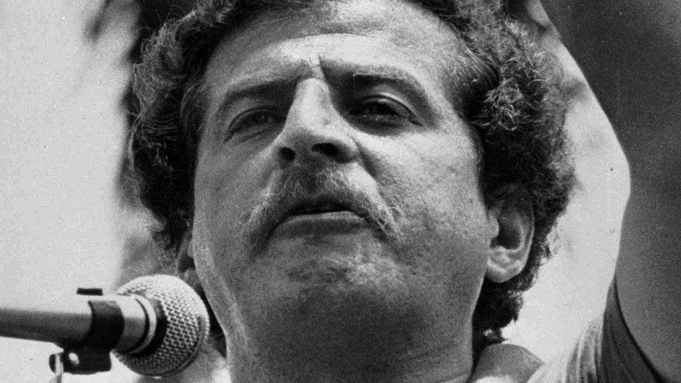 Former journalist and presidential candidate Luis Carlos Galan speaks at a political rally in Colombia in 1982.