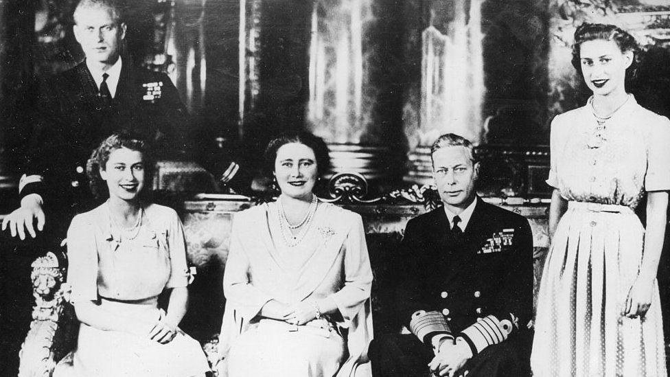 The Queen (second from left) pictured with her father King George VI, mother Elizabeth, sister Princess Margaret and the Duke of Edinburgh (far left)