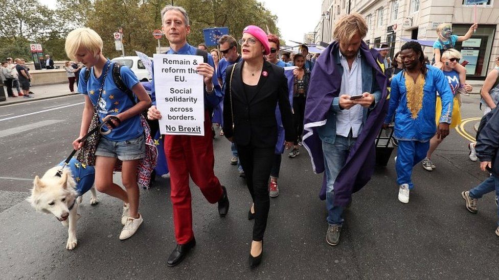 Peter Tatchell and Eddie Izzard stand alongside pro-Europe protesters at the rally