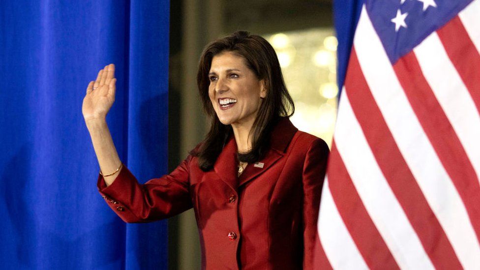 Nikki Haley, who said she would not bow out of the race in her speech after the South Carolina primary on Saturday