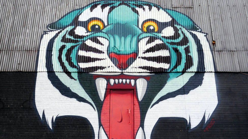 A colourful painting of a tiger with a doorway leading into its mouth