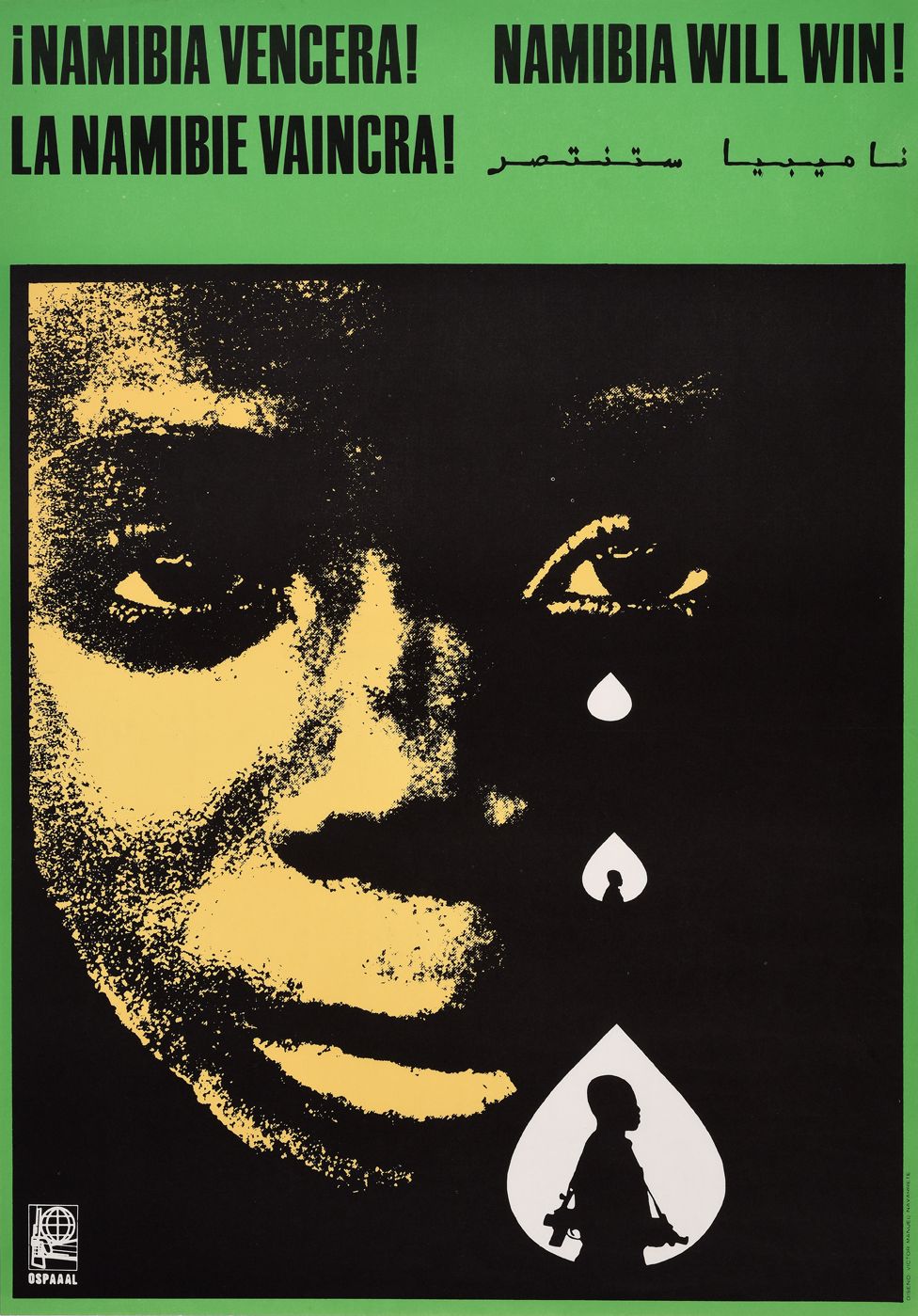 An Ospaaal poster entitled Namibia Will Win! 1977 showing the child crying and the image of a fighter in one tear