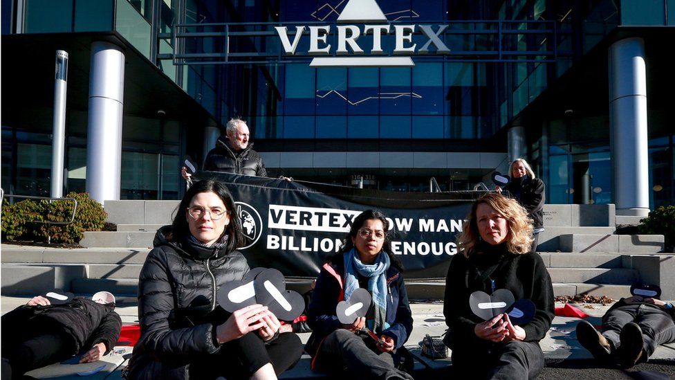 Campaigners outside the Vertex HQ building