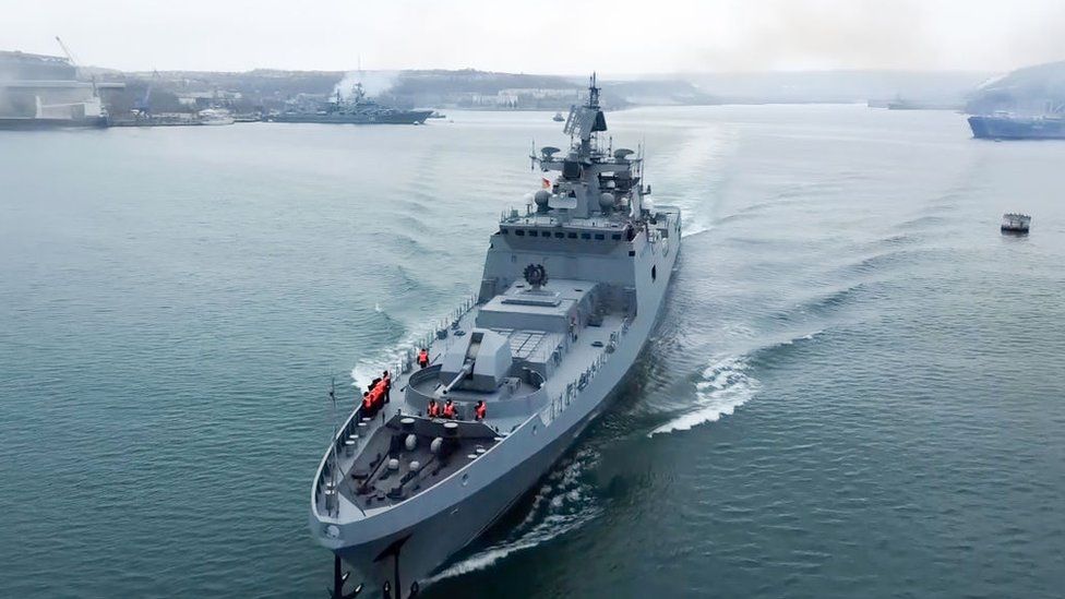The Admiral Essen frigate leaves Sevastopol to take part in exercises on 25 January