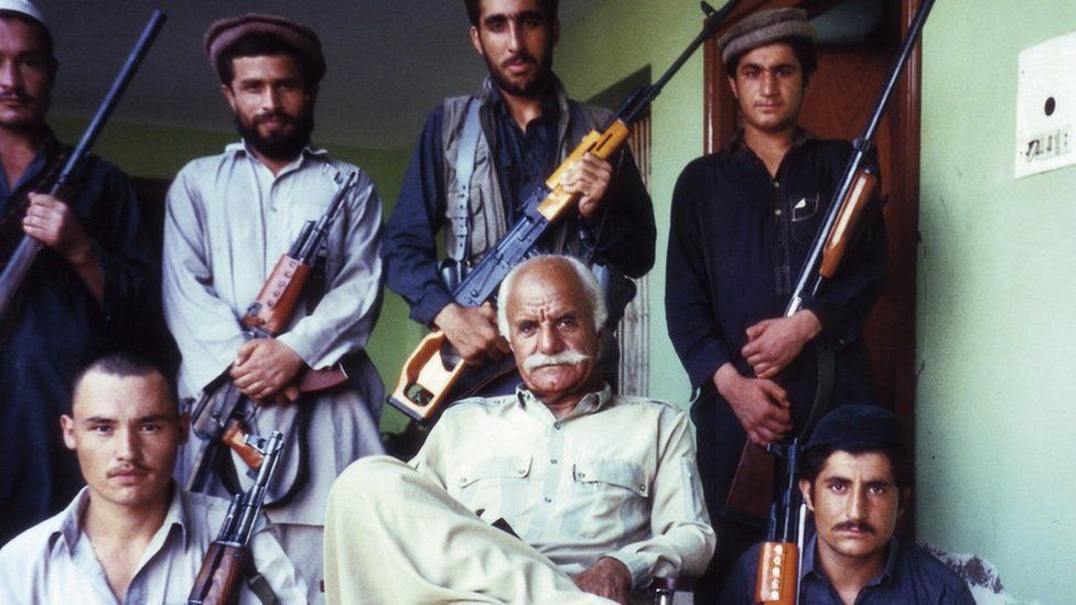 Members of the Mujahideen holding guns in Afghanistan in 1988