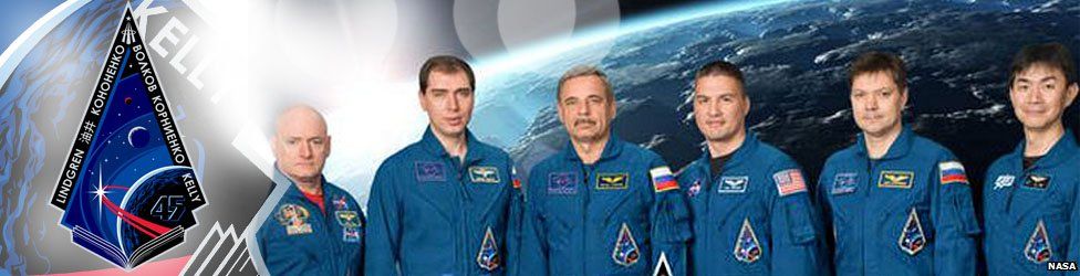 The emblem and crew of Expedition 45, currently manning the International Space Centre.