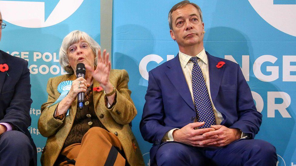 Brexit Party MEP for South West England, Ann Widdecombe (C), sits and speaks alongside Brexit Party leader Nigel Farage,