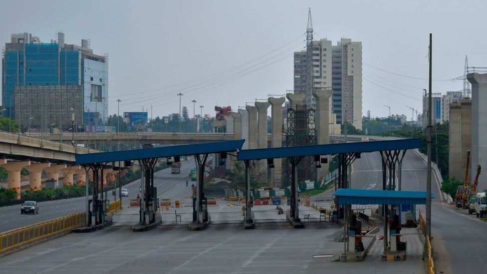 The Bangalore-Electronic City toll road is seen empty as tech companies choose to remain shut during a government-imposed nationwide lockdown