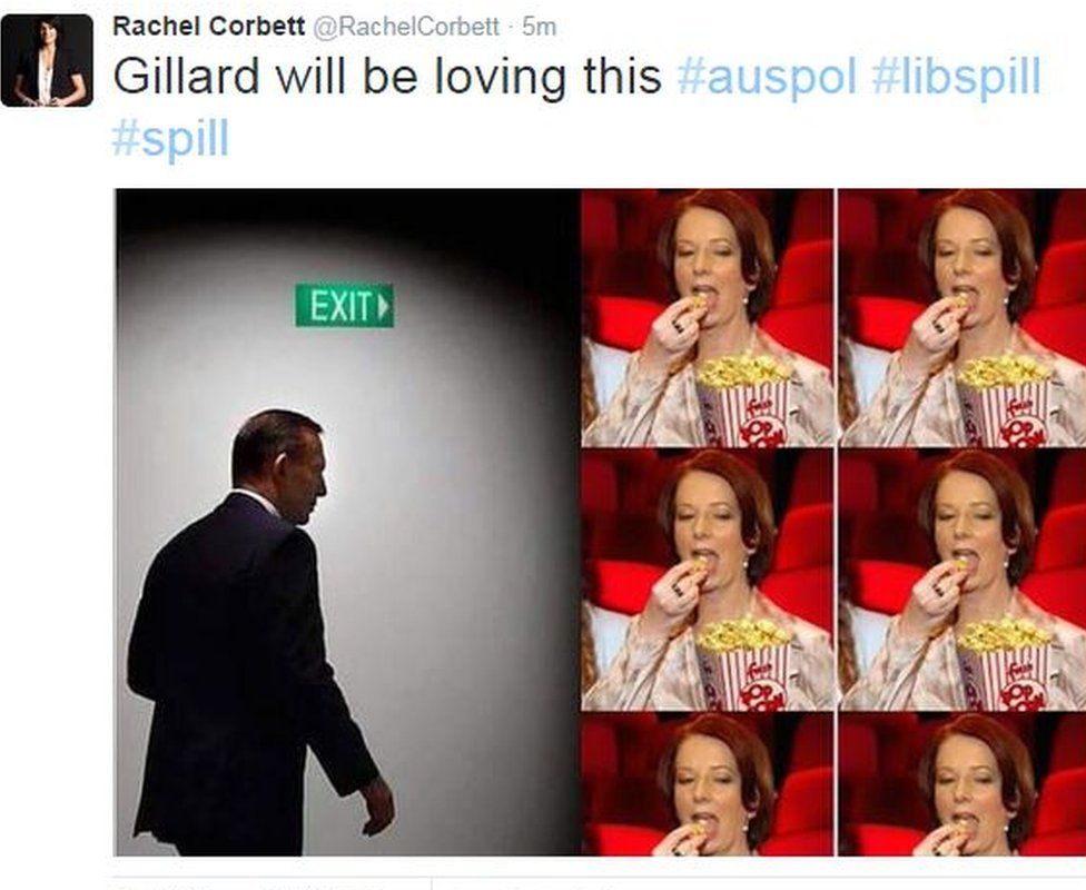 Tweet - "Gillard will be loving this" with pictures of Julie Gillard eating popcorn 14 September 2015