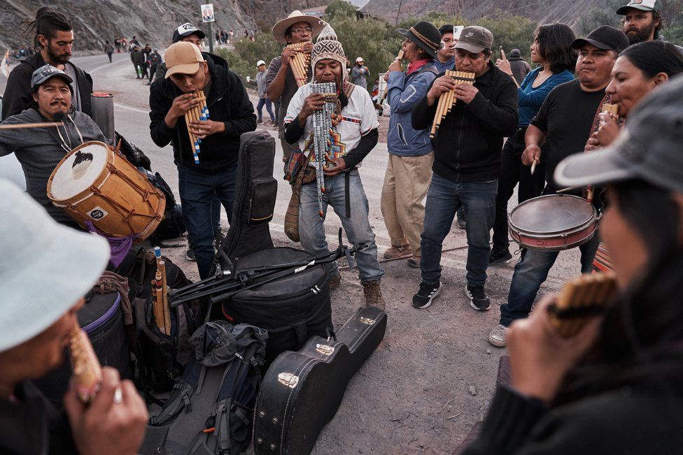 Musicians play during a cultural day at a roadblock in Purmamarca, in defense of water and land rights and against Morales' constitutional reform, June 25, 2023.