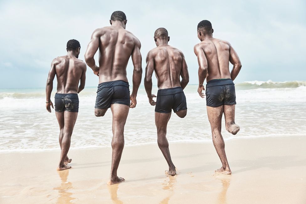 Nigeria's national amputee football team, the Special Eagles, training on the beach