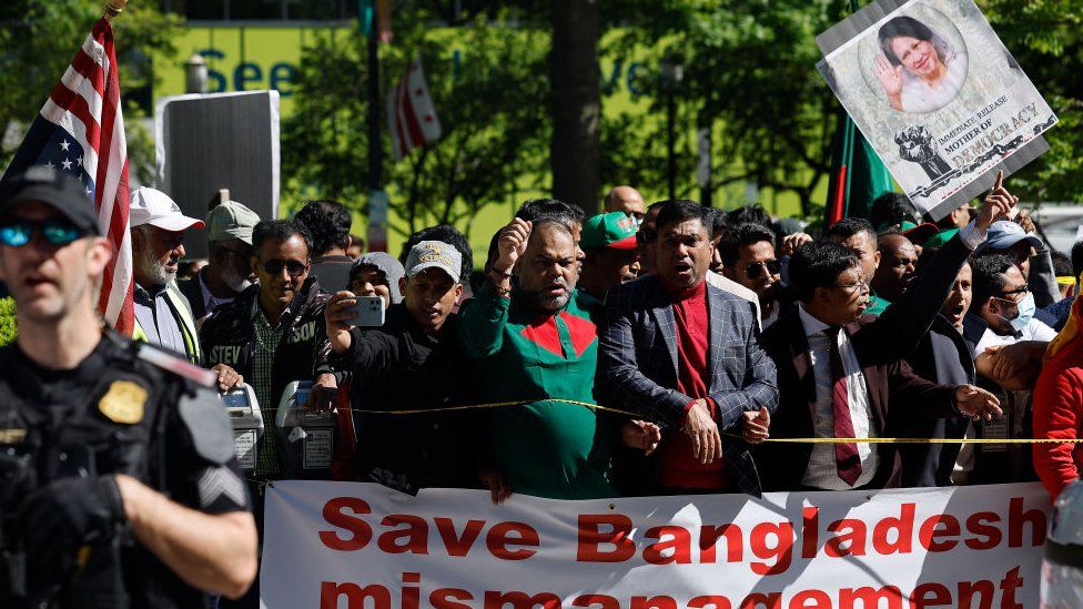 Supporters and opponents of Bangladesh Prime Minister Sheikh Hasina rally in front of the World Bank on 1 May 2023 in Washington DC.